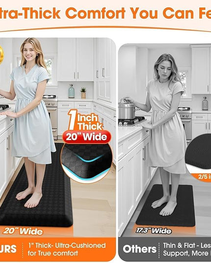 StepRite 1” Thick Kitchen Mats for Floor, Anti Fatigue Kitchen Rugs, Non-Slip,Heavy Duty Waterproof Kitchen Rug, Standing Desk Mat, Gifts for Friends, Family, Home, Kitchen, Office (72" x 20", Black)