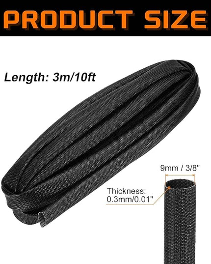 MECCANIXITY 10ft Braided Cable Sleeve, 3/8" ID 200C High Temperature 1500V Fiberglass Wire Insulation Cord Protector Organizer Wires Management for Motor Engine Fuel Line, Black