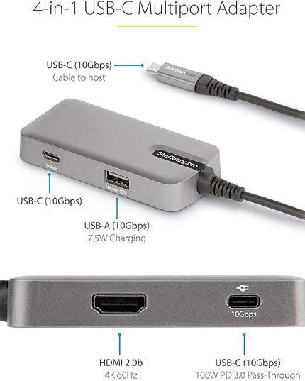 StarTech.com 4-in-1 USB C Hub with Extra Long Cable, 4K 60Hz HDMI, Alt-Mode, 100W Power Delivery, 10Gbps Fast Speed Type C Expansion Hub, Portable Mini Docking Station for MacBook - TAA