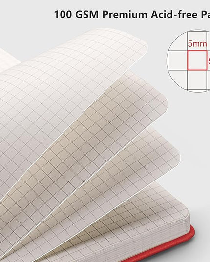 RETTACY Graph Grid Paper Notebook, 192 Pages, A5 Medium Size (5.7'' x 8.3''), 5 Squares per Inch, Leather Hardcover, 100 GSM Thick Paper, for School, Students, Math, Engineering (Red)