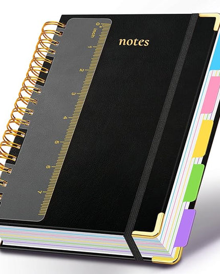 Hardcover Spiral Notebook 6.2"x 8.2" Journal Notebook with Tabs and Removable Dividers 300 Pages 5 Subject Notebook College Ruled, Faux Leather Spiral Bound Notebook for Women School Work (Black)