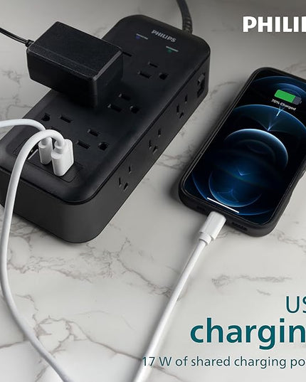 Philips Surge Protector, 12 Outlet, 2 USB-A, 1 USB-C, 17W, 3120J, Braided Cord, 8ft, Black