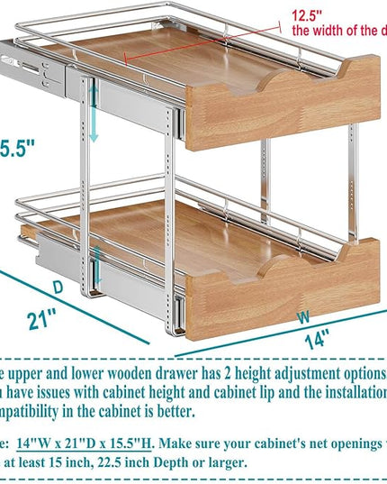 OCG Pull Out Cabinet Organizer 14" W x 21" D, 2 Tier Slide Out Shelf, Heavy-Duty Pull Out Drawer for Cabinets, Base Cabinet Organization for Kitchen, Pantry, Bathroom