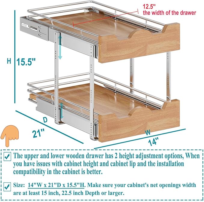 OCG Pull Out Cabinet Organizer 14" W x 21" D, 2 Tier Slide Out Shelf, Heavy-Duty Pull Out Drawer for Cabinets, Base Cabinet Organization for Kitchen, Pantry, Bathroom