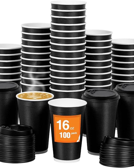 Coolcap 100 Pack 16 oz Disposable Coffee Cups with Lids and Straws, Insulated Ripple Wall To Go Paper Corrugated Cups, Bulk for Hot/Cold Drinks, Cafe Bar, Office, Chocolate, Cocoa (Black)