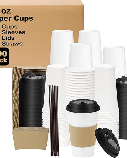Coolcap 16 oz 300 Pack Coffee Cups with Lids and Sleeves, Straws, Hot Disposable To Go Travel Paper Cups Bulk for Office, Home Coffee Bar Accessories, Chocolate, Cocoa, Beverage (White)