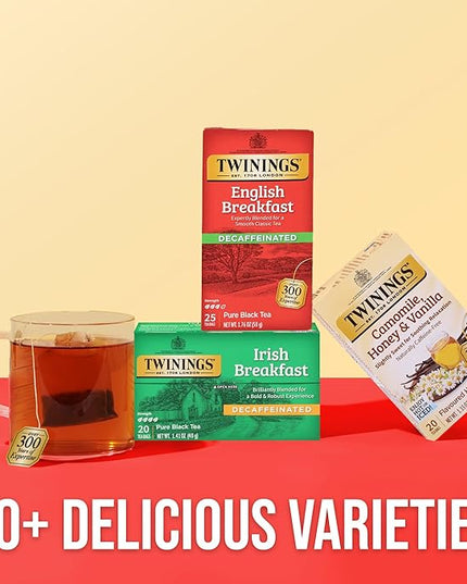 Twinings Decaffeinated English Breakfast Black Tea Individually Wrapped Bags, 25 Count (Pack of 6), Flavourful, Robust, Enjoy Hot or Iced, 150 Teabags