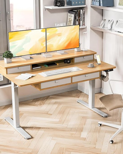 Kingant Standing Desk with Drawers & USB Charging Port, 55" x 30" Height Adjustable Home Office & Gaming Desk, Sit Stand Desk with Built-in Storage Shelf, Hook & Ergonomic Design(Maple)