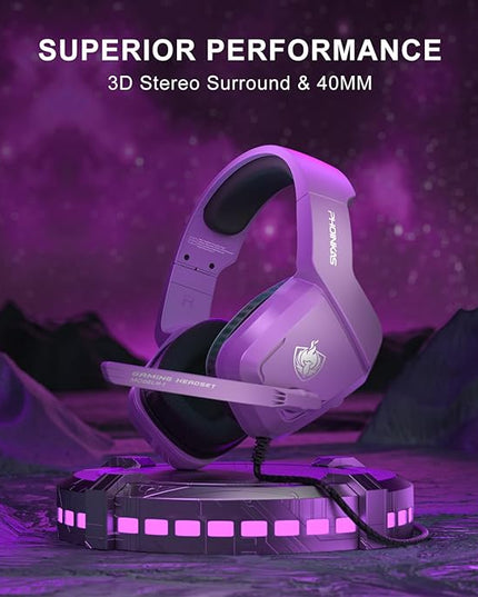 PHOINIKAS Gaming Headset for PS4, PS5, PC, Laptop, Stereo Over Ear Gaming Headphones with Noise-Canceling Mic, Gaming Headsets for XboxOne, Switch, Laptop, Mac, Phone (Purple)