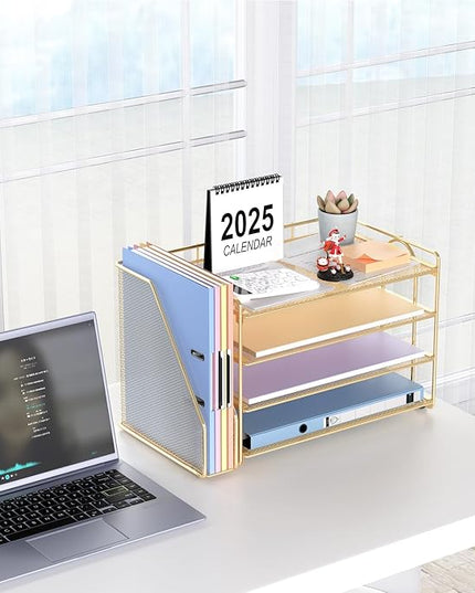 gianotter 4-Tier Paper Organizer With Magazine Holder, Desk Organizers and Accessories, Desk Accessories & Workspace Organizers, File Organizer for Office Supplies Storag (Gold, 4-Tier)