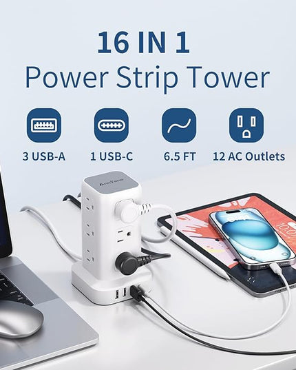 Surge Protector Power Strip 6.5 FT Cord, Power Strip Tower with 4 USB Ports (1USB C), Extension Cord with 12 AC Multiple Outlets, Home Office Supplies Desk Accessories, Dorm Room Essentials