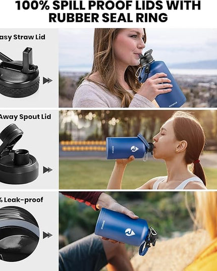 One Gallon Water Bottle Insulated, Triple Walled Vacuum Stainless Steel (Cold for 48 Hrs), Leak Proof & Non-BPA, Large Water Flask Jug with Paracord Handle & Straw Spout Lids