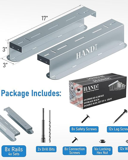 HANDT Overhead Garage Storage Rack, Connectable Heavy Duty Metal Ceiling Rails For Garage Storage Organization Shelving System, Hanging Racks For Tote Containers, Supports Up To 6 Bins, 4 Sets Gray