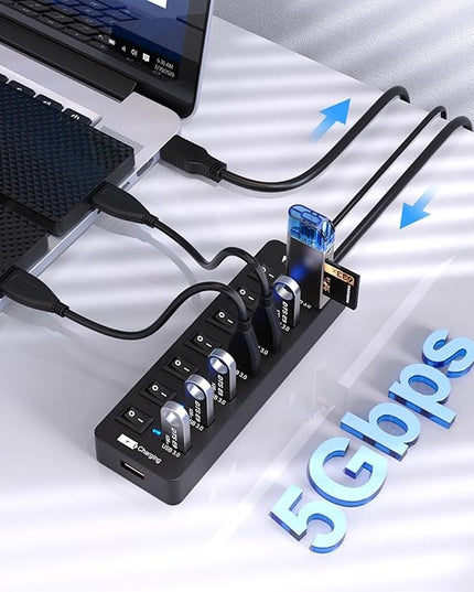 Powered USB Hub 3.0,VEMONT 7 Ports Multi USB hubs and 1 USB Smart Charging Port with 5V/3A Power Supply,USB Extension Splitter with Individual On/Off Switches and 4ft/1.2m Long Cable for PC/Laptop