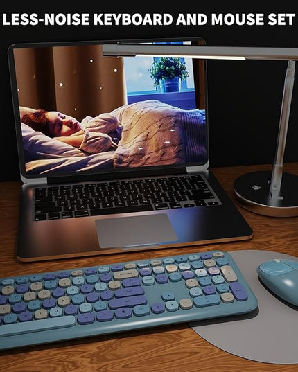 Wireless Keyboard and Mouse Combo, Colorful Ergonomic Full Size Retro Low-Noise Keyboard with Cute keycaps, Compatible with Windows, PC, Perfer for Home and Office Keyboards (Blue)