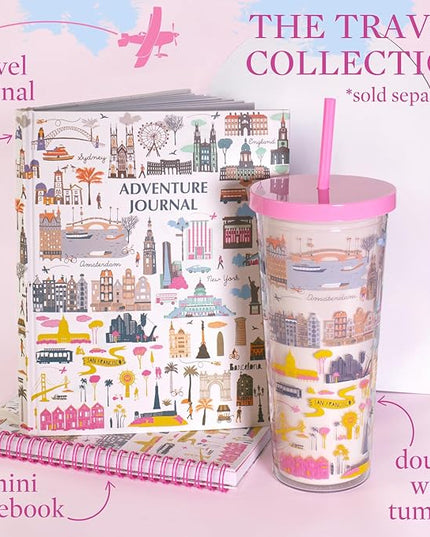 Steel Mill & Co Cute Mini Spiral Notebook, 8.25" x 6.25" Journal with Durable Hardcover and 160 Lined Pages, Travel Icons