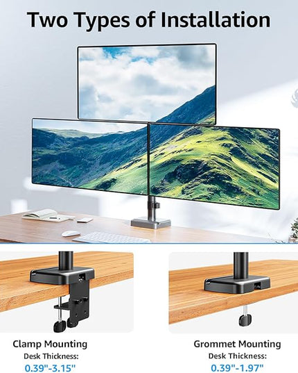 MOUNTUP Triple Monitor Mount Fits Max 32 Inch Screen, Holds 4.4-17.6lbs, 3 Monitors Desk Mount, Triple Monitor Stand for Desk, Adjutable Arm with Clamp/Grommet Base, VESA 75x75/100x100 MU6013A
