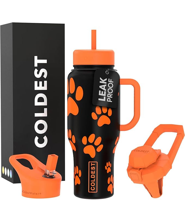 Coldest Tumbler with Handle and Straw, 100% Leak Proof Insulated Tumbler with Lid and Straw (3 Lids), Stainless Steel Tumblers for Women & Men, Cup Holder Friendly Base, 36 oz (Pumkin Paws)