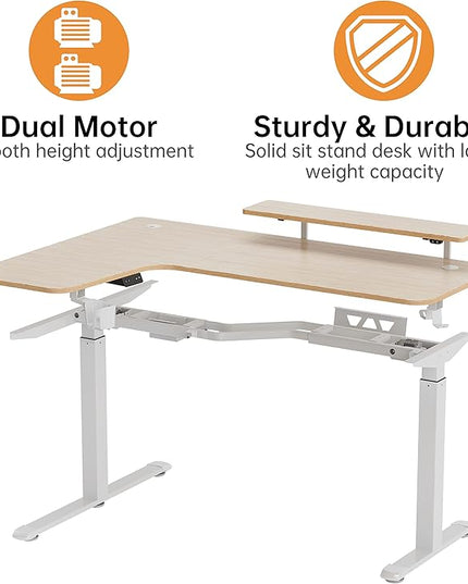 EUREKA ERGONOMIC Standing Desk Adjustable Height 61" Electric Sit Stand Computer Desk L Shaped with Keyboard Tray,Monitor Stand &LED, Dual Motor Memory Presets Sit to Desk Adjustable Desk, Left/Maple