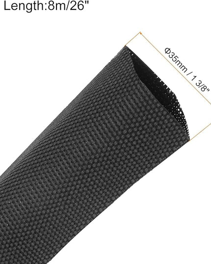 MECCANIXITY Braided Cable Sleeves Heat Shrinkable Fabric Sleeving, 1 3/8" 26ft Black 2:1 Ratio Heat Shrinkable Cord Protector for Harness Cable, Network Cable Protection, Cable Management