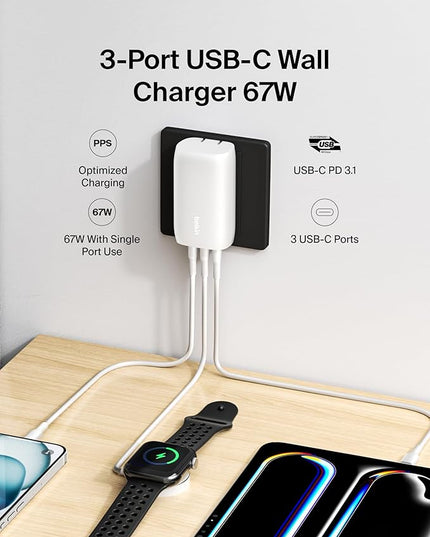 Belkin 3-Port USB C Charger Block 67W - PPS USB-C PD3.1 PPS Super Fast Charging - Samsung Galaxy S25, Apple iPhone 17, Air, Pro, MacBook, AirPods, Apple Watch, Nintendo Switch 2 & More - White, 2-Pack