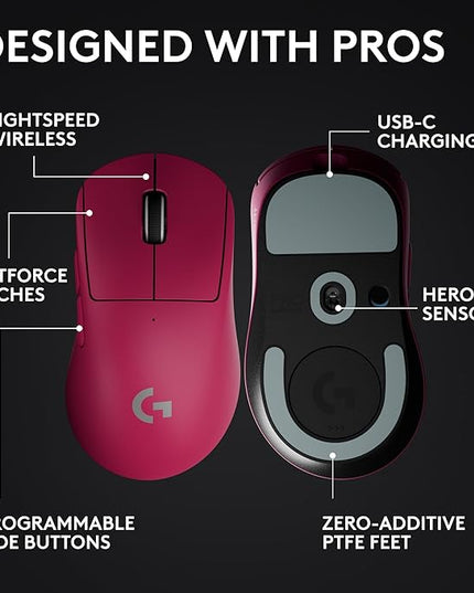 Logitech G PRO X Superlight 2 Wireless Gaming Mouse, 60g Pro-Grade with 5 Programmable Buttons, 44k DPI Sensor, 8kHz Report Rate, USB-C Charging for PC/Mac - Magenta