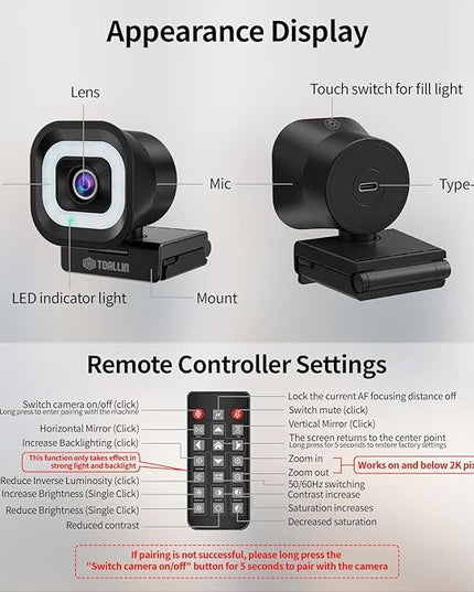 TOALLIN 4K Webcam with Ring Light, Remote Control, PDAF Auto-Focus, 1/2.5" Sensor & 12MP, Built-in Dual Mics, 5X Digital Zoom and Image Mirroring, Web Camera for Live-Streaming/Meeting/Video Calls