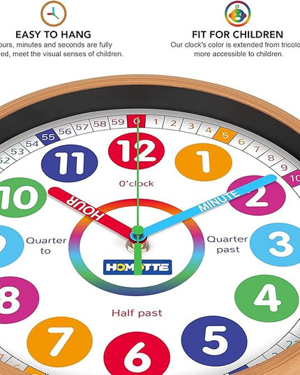 Kids Wall Clock for Bedroom, 10 Inch Round Multi-Colored Learning Clock, Children's Silent Analog Non-Ticking Educational Wall Clock for Boys and Girls Home Decor