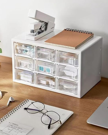 Feadily 1PCS Large Drawer Organizer for Desk, Desktop Drawer Organizer with 9 Clear Drawers, Plastic Desktop Storage Drawers 10.04 Inch x 6.30 Inch x 6.10 Inch, White