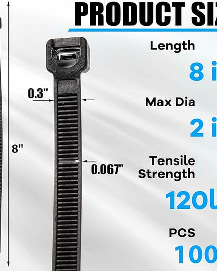 1000 Pcs 8 Inch Zip Ties Heavy Duty 120 Lbs Tensile Strength Black Nylon Wire Cable Ties Bulk for Indoor Outdoor