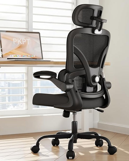Ergonomic Office Chair, 330LBS Desk Chair with 3-Level Lumbar Support & Headrest, Breathable Mesh Backrest, Flip-Up Armrests for Home Office and Gaming, Black