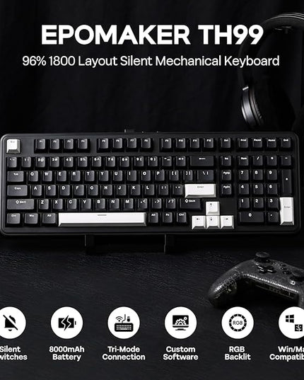 EPOMAKER TH99 Tri-Mode Wireless Mechanical Keyboard with 8000mAh Battery, Hot Swappable Custom RGB Gaming Keyboard with Numpad, Gasket Creamy for PC/Mac/Office (Black, Sea Salt Silent)