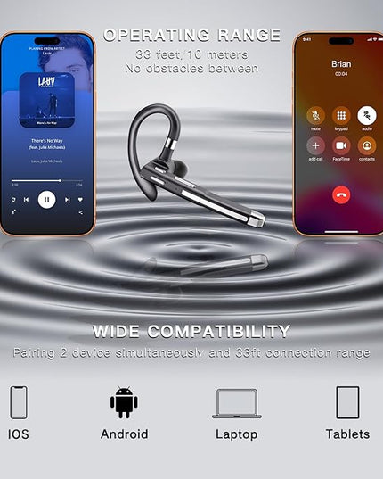 Boytond Bluetooth Headset V5.4,100 Hrs Talk Time Single-Ear Earphone,CVC8.0 Noise Cancelling Earpiece,Wireless Headset with Mic for Work,Driving Headset for Android, iOS, Laptop, Office, Truck Driver