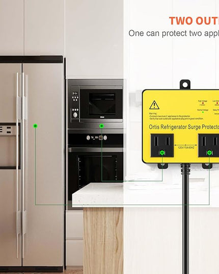 Refrigerator Surge Protector, Ortis Double Outlet Voltage Protector for Home Appliances with Time Delay, 5ft Power Cord, Protects Against Brownout, Spike, Instant Surge All Voltage Abnormalities