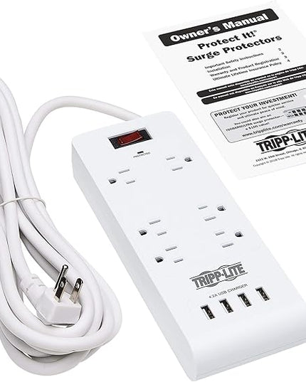 Tripp Lite 6 Outlet Surge Protector Power Strip 4 USB Ports 4.2A Fast Charge, 15 ft. Cord 900 Joules, White, (TLP64USBRA15)