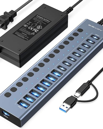 Powered USB 3.2 Hub, ACASIS 16 Ports USB 3.2 Hub(8 USB-A 3.2 Ports+8 USB-C 3.2 Ports), Aluminum USB Hub Powered with 96W Power Adapter, USB Hub for PC/Laptop, Computer, Flash Drive, Printer, Camera