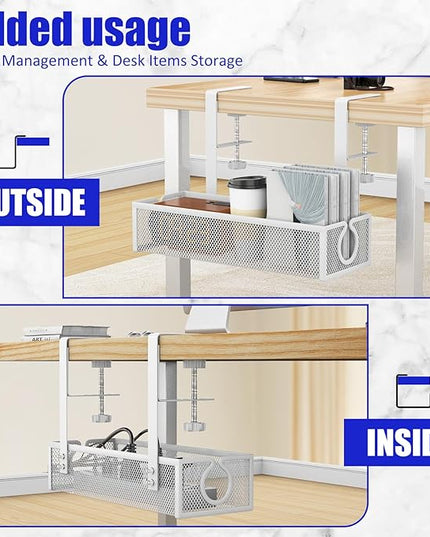 Under Desk Cable Management Tray, Metal Long Arms(3.9in), No Drill Mesh Wire Management Tray Cable Box for Office, Desk Wire Organizer with Clamp Mount, 1 Pack, White