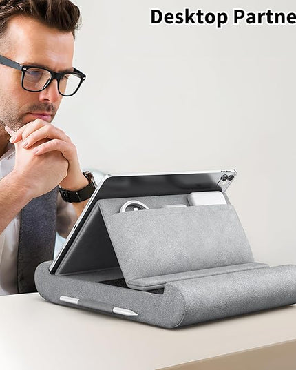 CreaDream Tablet Pillow Stand, Foldable Tablet Holder for Lap, Bed and Desk, Soft Pillow Pad with Pocket and Stylus Mount, for 4-13" Tablets, Like iPad Pro 11, 13, Air, Mini, Kindle, Galaxy Tab, Grey