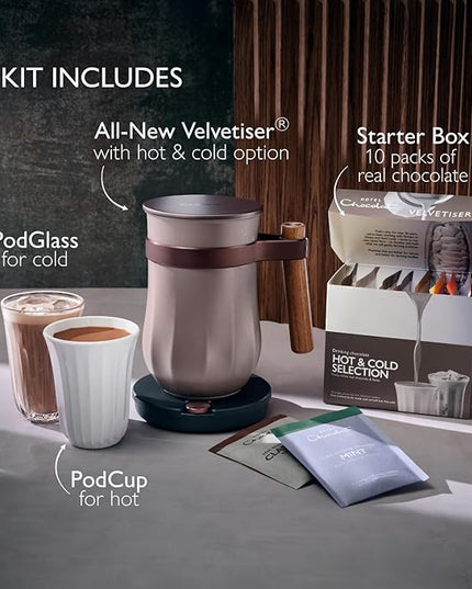 Hot & Cold Drinking Chocolate System - The ALL-NEW Velvetiser from Hotel Chocolat - Kit includes hot chocolate maker, 10 serving taster box, mug and glass - Pewter Edition