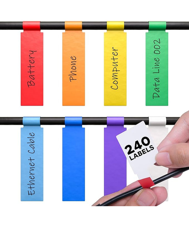 XFasten Cable Labels Tags for Cable Management 240 pcs Waterproof Cord Labels for Electronics 8 Colors Easy to Write On and Smudge-Resistant for Ethernet Cord, Charger, Audio Wires