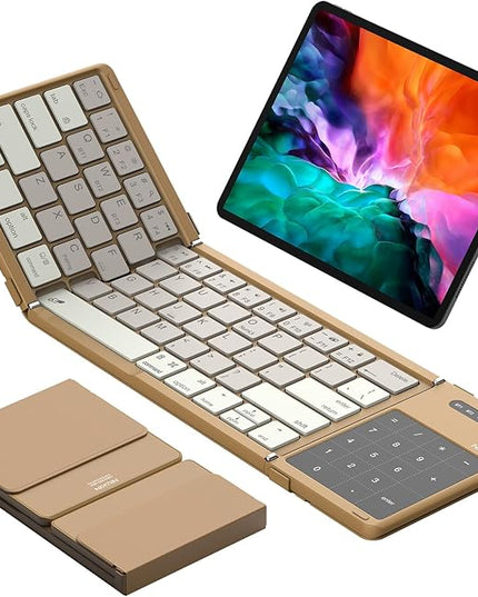 Nillkin Foldable Bluetooth Keyboard with Touchpad & Number Pad, Portable Bluetooth Keyboard with Full Size Keys, Pocket-Sized Wireless Travel Keyboards for iPad, Smartphone, Tablet and Laptop Khaki