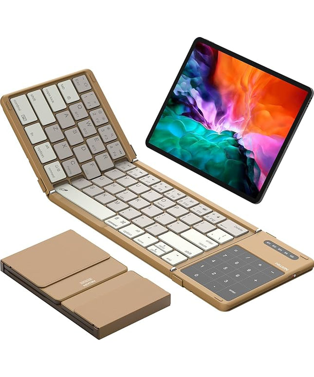 Nillkin Foldable Bluetooth Keyboard with Touchpad & Number Pad, Portable Bluetooth Keyboard with Full Size Keys, Pocket-Sized Wireless Travel Keyboards for iPad, Smartphone, Tablet and Laptop Khaki