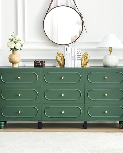 9 Drawer Fluted Dresser for Bedroom, Mid Century Modern Chest of Drawers, Wood Storage Small Dresser Organizer for Bedroom Living Room Hallway Closet, Green