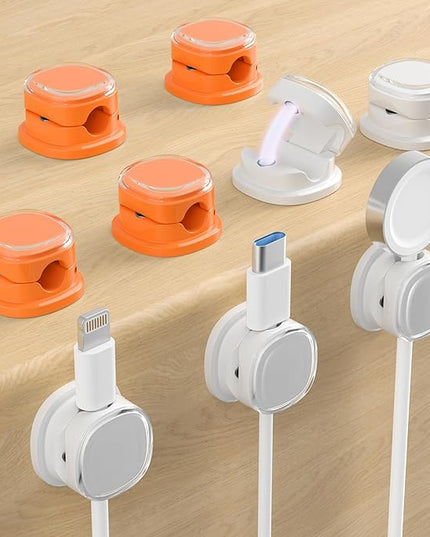 Magnetic Cable Clips, Adjustable Cord Holder Management, Adhesive Wire Keeper Organizer for Home Office Desk Phone PC Car Wall Desktop Nightstand Appliance (9-PCS White & Orange)