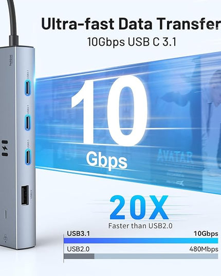 Selore 10Gbps USB C Hub Multiport Adapter, Ethernet Adapter with 4K@60Hz HDMI, Gigabit Ethernet, 3 USB C Ports, 100W PD, USBC Dongle for MacBook Pro Air, iPad, HP, Dell, etc