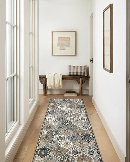 Lahome Moroccan Kitchen Runner Rug, 2'5''x8' Ultra-Thin Soft Washable Runner Oriental Non-Slip Hallway Rug Indoor Throw Carpet for Entryway Bedroom Laundry Room Foyer, Grey