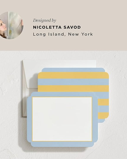 Minted July Stationery Set, Set of 10, Flat Note Cards & Envelopes for Invitations & Handwritten Thank You Messages, Blue & Yellow Stripes in Classic Frame Shape, Gifts for Women, Luxurious Paper
