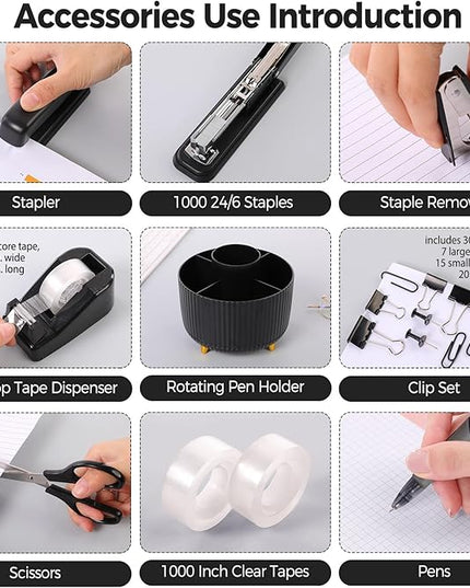 SKYDUE Black Office Supplies, Black Office Desk Accessories 10PCS, Pencil Holder for Desk, Stapler, Tape Dispenser, Scissors, Ruler, Clips and 1000pcs Staples, Desk Supplies Set