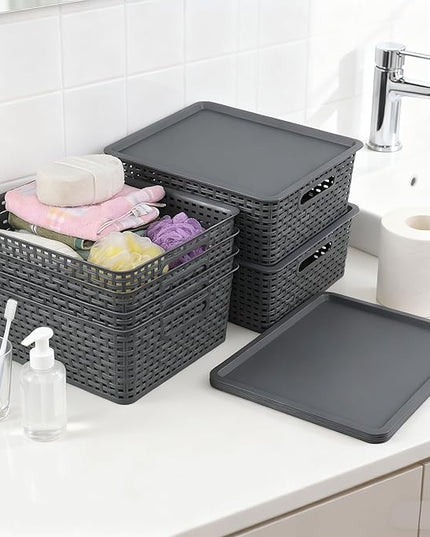 Xyskin 6 Pack Weave Storage Baskets with Lids, Plastic Stackable Storage Basket for Multipurpose, Gray