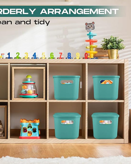 Hoolerry 8 Pieces Colorful Storage Bins with Lid, Plastic Storage Basket Organizing Container Stackable Box with Handle for Shelves Desktop Playroom Office(10.2 x 7 x 6.3 Inch,Green)